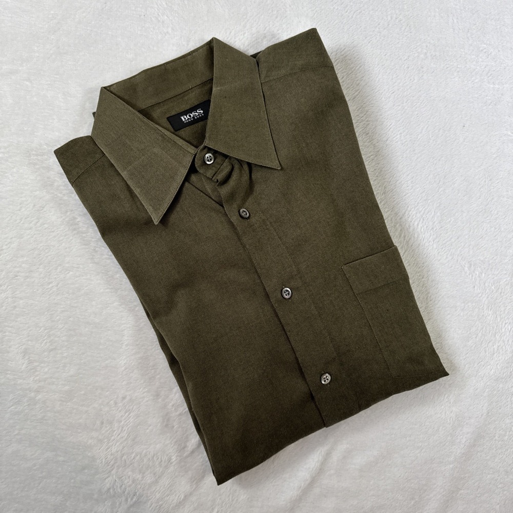 BOSS Hugo Boss Men's Hunter Green 100% Cotton Mother‎ of Pearl Button Up Large - Picture 7 of 7